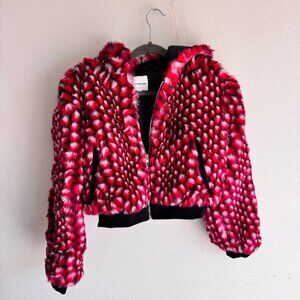 Faux Fur Jacket – Red/Black Pattern, Size S